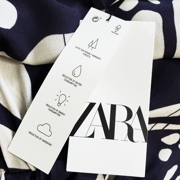 ZARA Womens Abstract Printed Cut-out Midriff Midi Dress Navy/Off-White S NWT - Picture 12 of 14